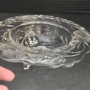 Vintage European Cut Crystal Round Floral Etched Tri-Footed Thick Bowl